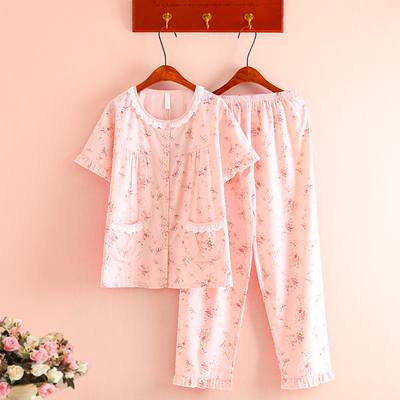 女纯棉斜纹布吸汗透气小碎花睡衣