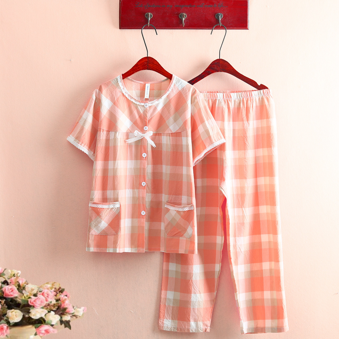 #平纹布系列#100%全棉平纹布睡衣女夏季短袖九分裤薄款家居服套装