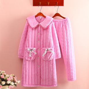 女冬三层加厚珊瑚绒加长版 家居服 兔绒夹棉睡衣睡袍套装 超柔软长款