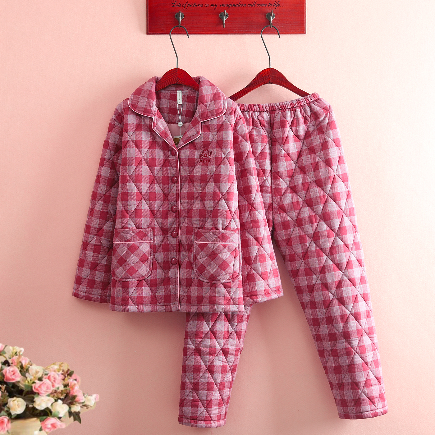 女士100%薄款纯棉夹棉睡衣女冬季