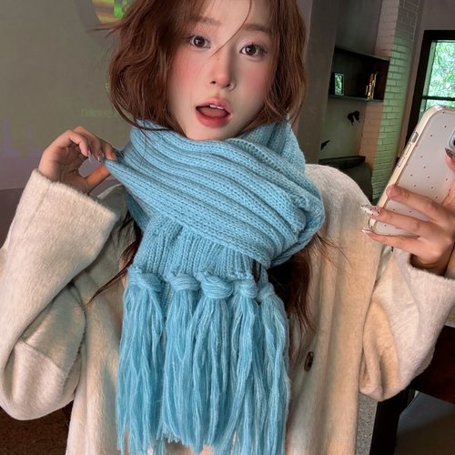 冰岛蓝色围巾女冬季小众设计大流苏保暖针织围脖加厚防风披肩护颈