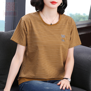 纯棉细条纹圆领t恤女夏中老年妈妈夏装 遮肚子上衣服 新款 宽松大码
