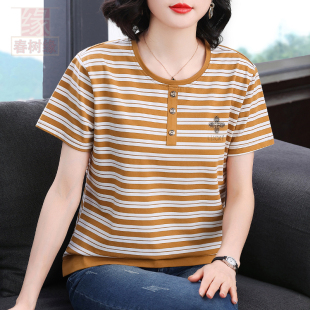 遮肚子圆领小衫 中老年妈妈宽松大码 T恤女夏2026新款 纯棉条纹短袖