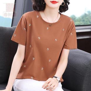 中年女士刺绣宽松上衣 妈妈圆领休闲纯棉短袖 T恤衫 女春季 2025新款