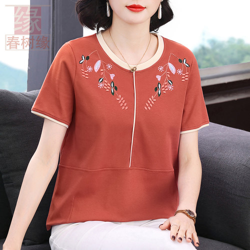 刺绣纯棉短袖T恤妈妈装遮肉宽松