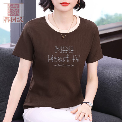 纯棉短袖T恤女夏中老年妈妈装新款宽松圆领女装上衣字母刺绣小衫