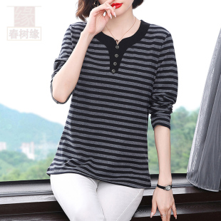 纯棉条纹长袖 新款 t恤中老年妈妈加肥加大胖子上衣 2026春季 妈妈装