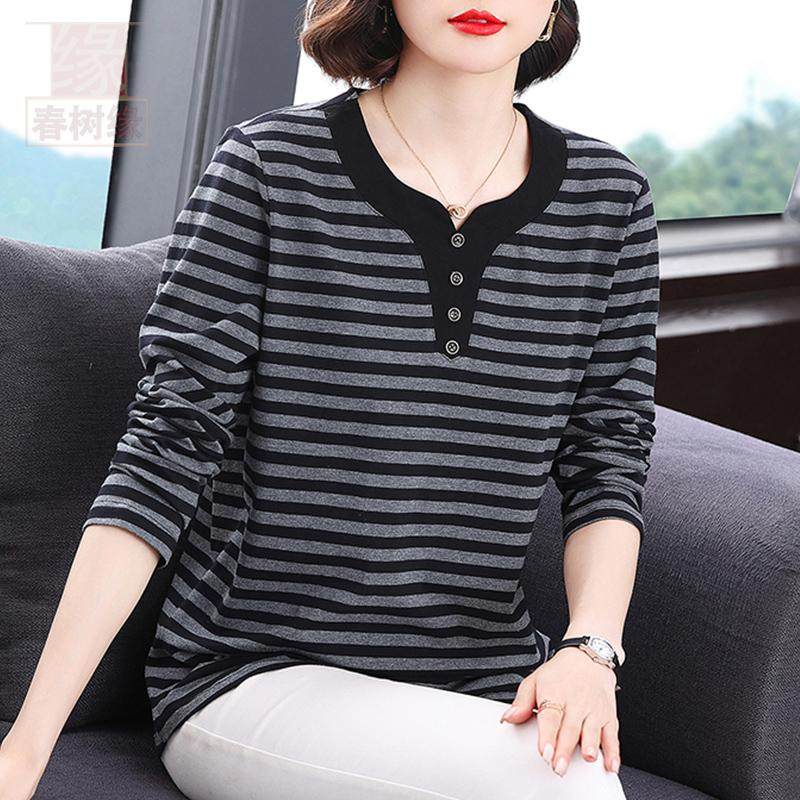 妈妈装2025春季新款纯棉条纹长袖t恤中老年妈妈加肥加大胖子上衣,女装/女士精品,T恤,淘宝优惠券,粉丝福利购,淘宝优惠卷