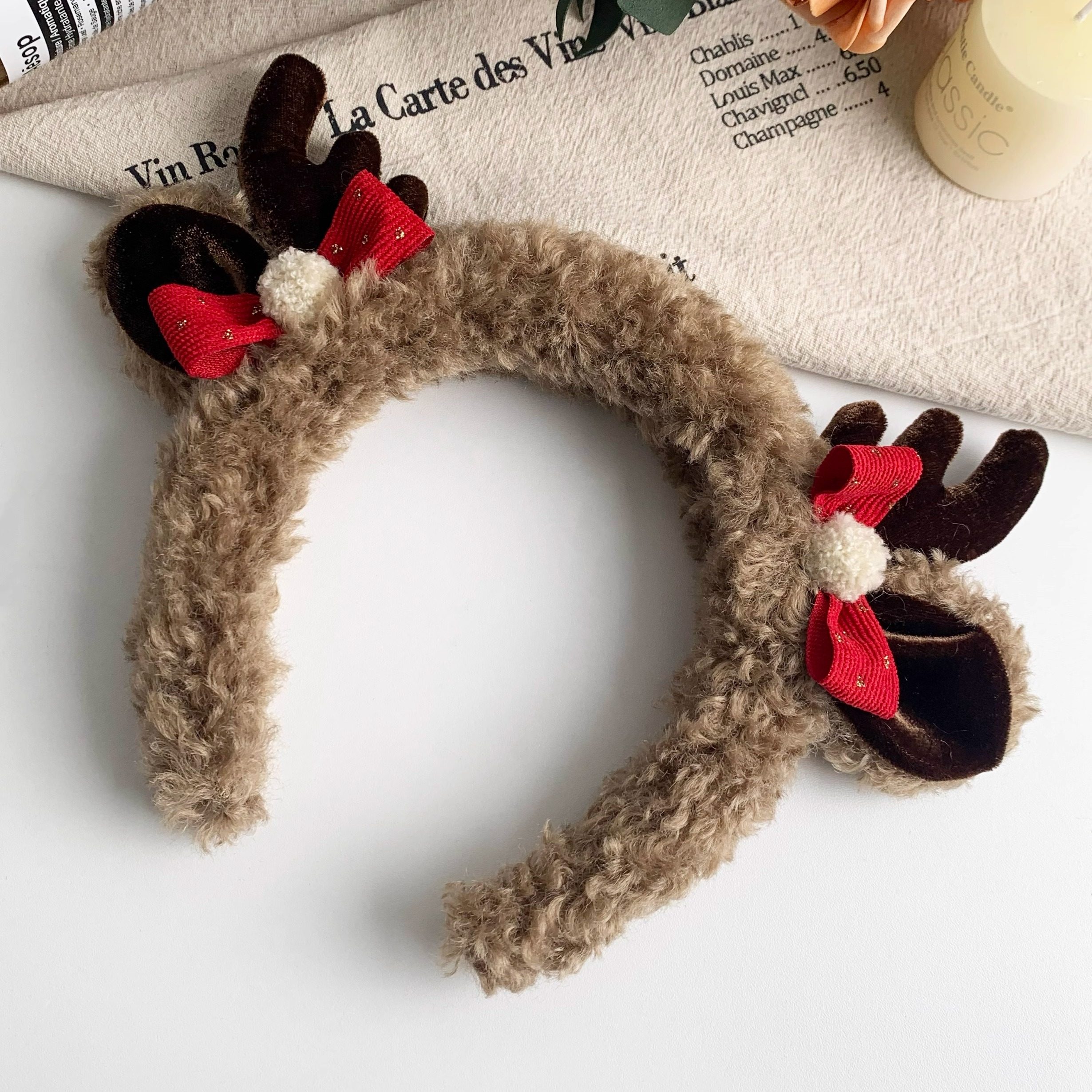 圣诞红毛绒蝴蝶结鹿角发箍