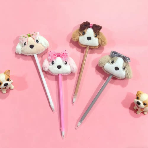 新款卡通彩色蝴蝶结小狗公仔毛绒圆珠笔书写神器学生礼品玩具毛绒