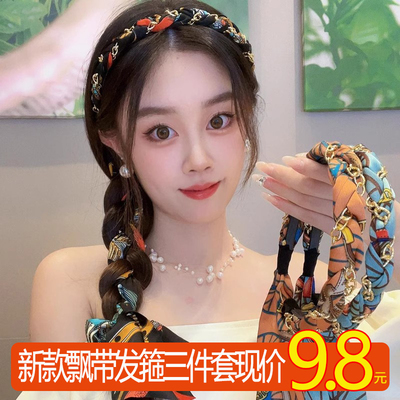 复古布艺可编发头箍2024新款飘带发带一体系带时尚发卡发箍头饰女