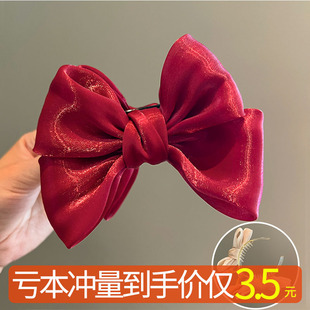蝴蝶结丸子头发夹女高级感红色缎面发抓儿童发卡夹子女童新年发饰