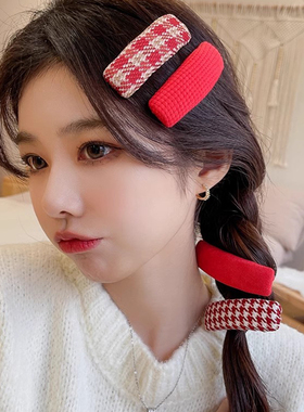 新年红色千鸟格纹侧边刘海夹少女bb夹新款发夹头饰过年发卡一字夹
