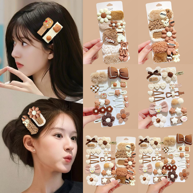 可爱卡通小熊发夹女童毛绒花朵蝴蝶结发卡秋冬甜美儿童头饰发饰