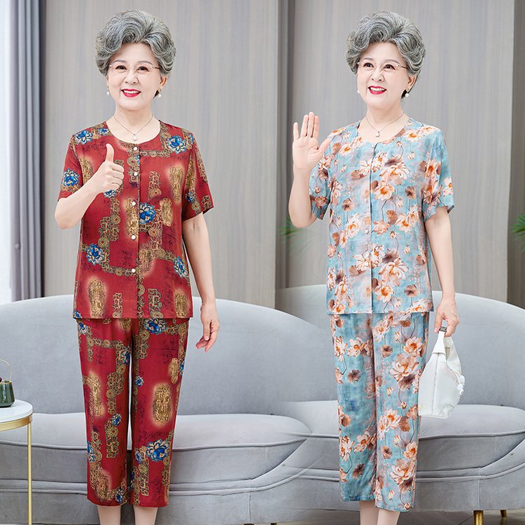 中老年人夏装套装女奶奶棉绸短袖