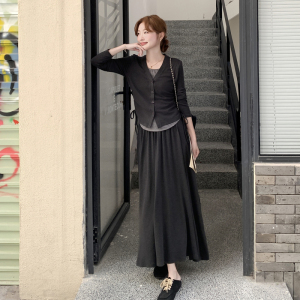 时尚韩系休闲套装女2025秋季新款松弛感条纹背心开衫阔腿裤两件套，女装套装/套裙，淑塔可可
