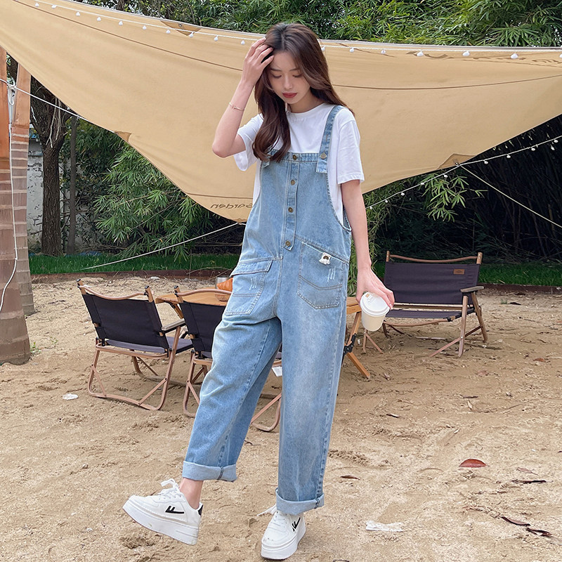 休闲牛仔背带裤女2024夏季新款设计感小众网红减龄显瘦直筒连体裤,女装牛仔裤,淑塔可可