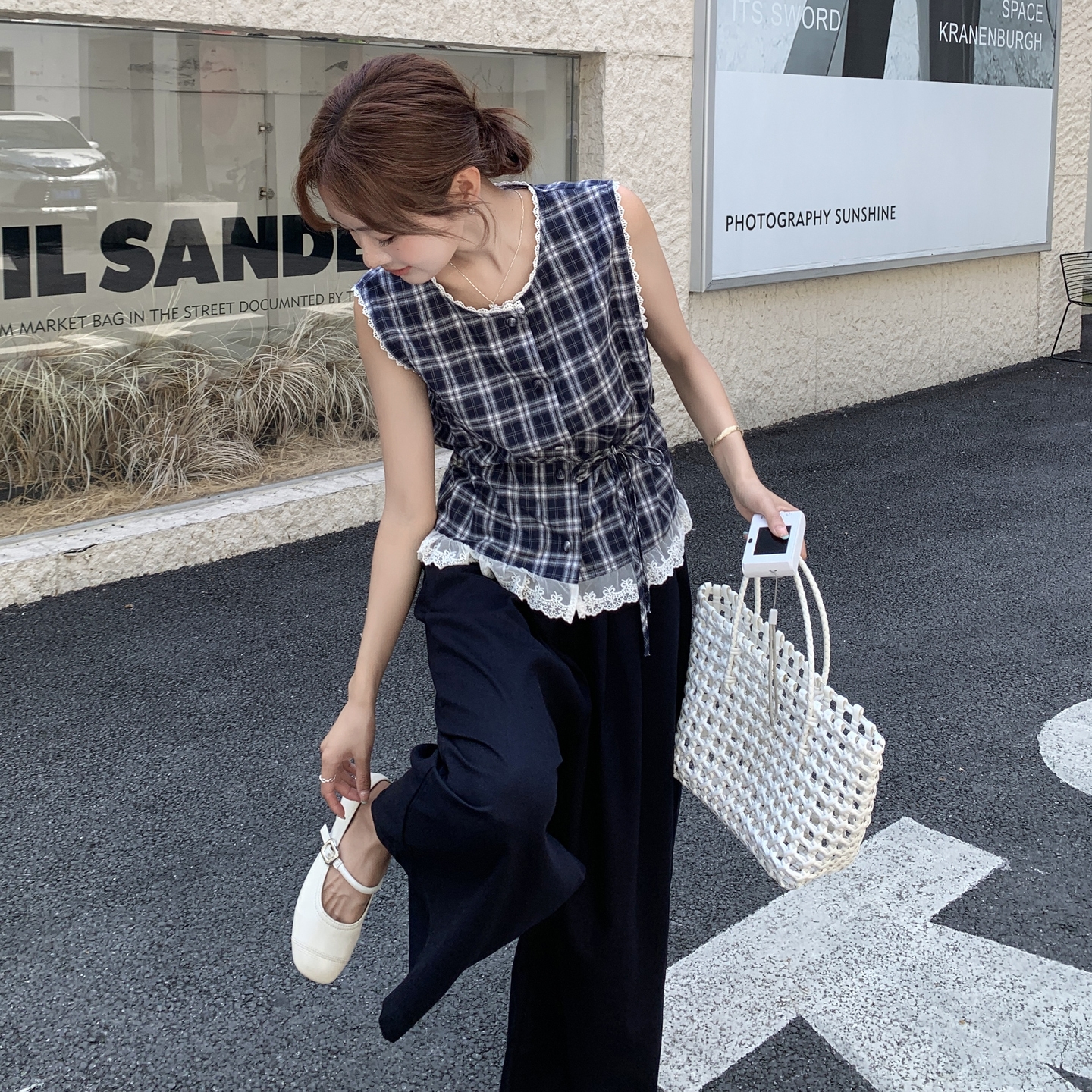 【新款】花边格子上衣黑色阔腿两件套151-1567-P150-K228，女装套装/套裙，淑塔可可