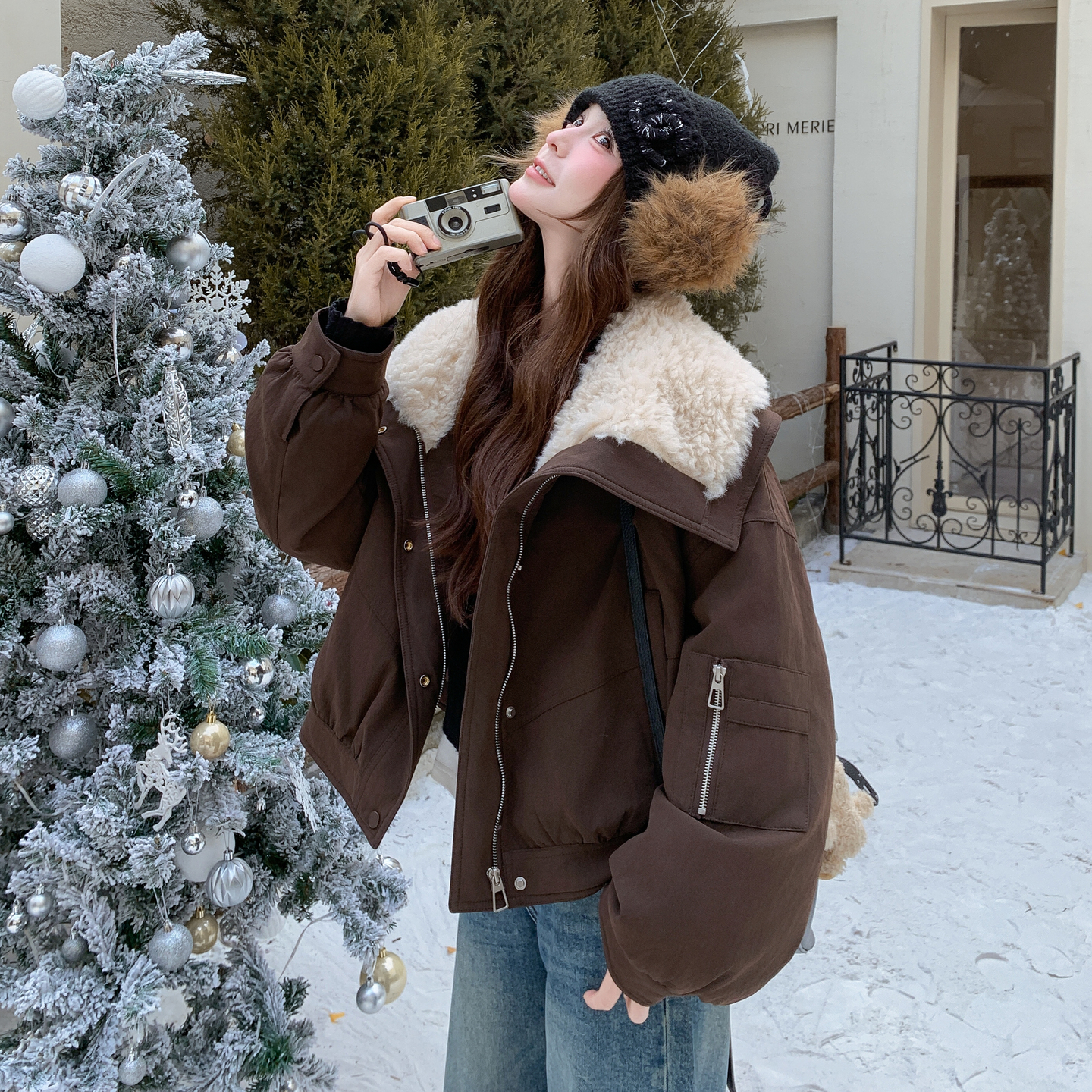 25新款现货151-15109-P305-K458大翻领90羽绒胆绒感皮衣派克服，女装派克服，淑塔可可