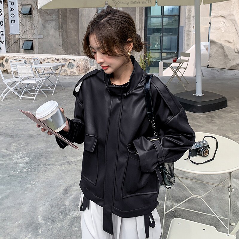 现货新增黑色，2022宽松立领PU皮衣151-212-P135-K188,女装皮衣,淑塔可可