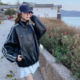 【现货】复古条纹插肩袖皮衣棒球服151-1521-P160-K238`，女装皮衣，淑塔可可