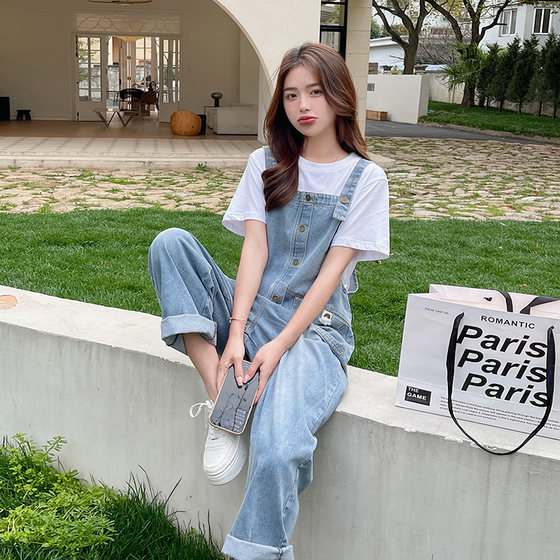 休闲牛仔背带裤女2024夏季新款设计感小众网红减龄显瘦直筒连体裤，女装牛仔裤，淑塔可可