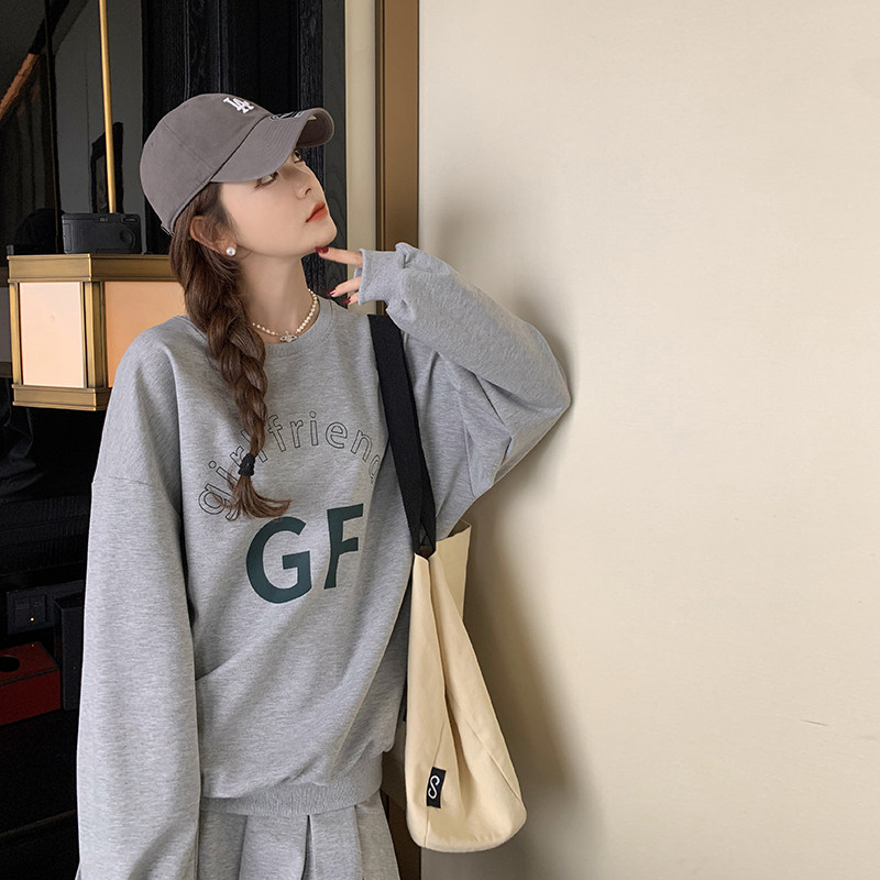 休闲减龄运动风穿搭灰色长袖上衣套装女春夏秋好看百褶短裙两件套,女装运动套装,淑塔可可