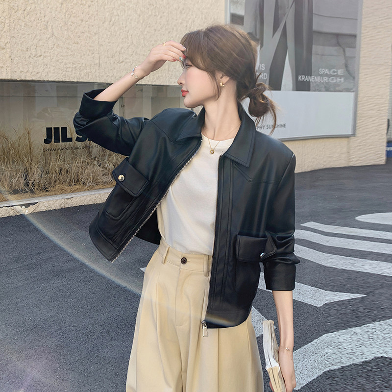 【现货】小垫肩蛋白皮衣机车外套151-1506-P155-K228，女装皮衣，淑塔可可