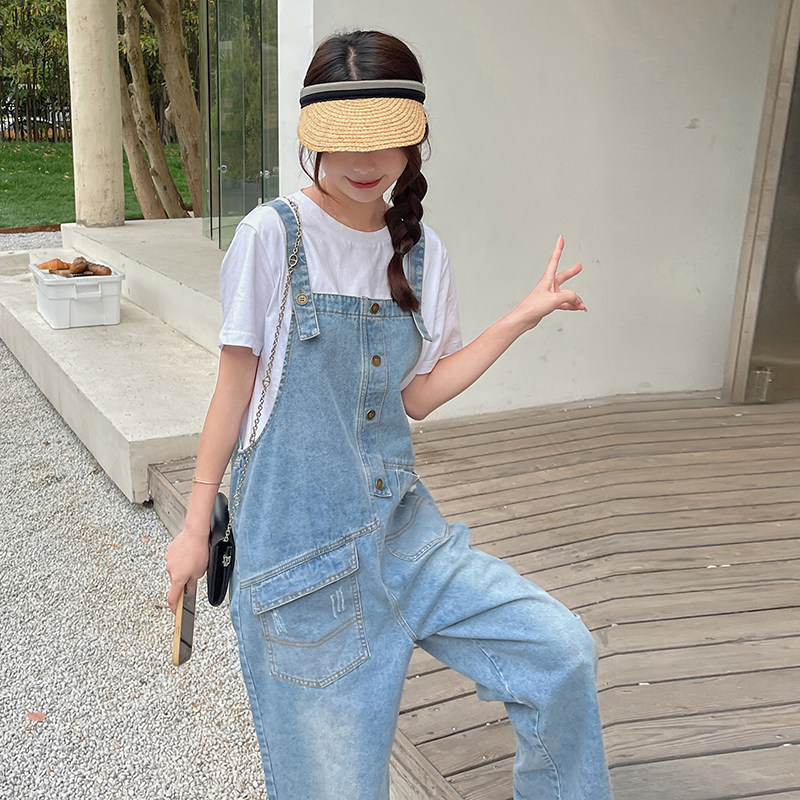 休闲牛仔背带裤女2024夏季新款设计感小众网红减龄显瘦直筒连体裤,女装牛仔裤,淑塔可可