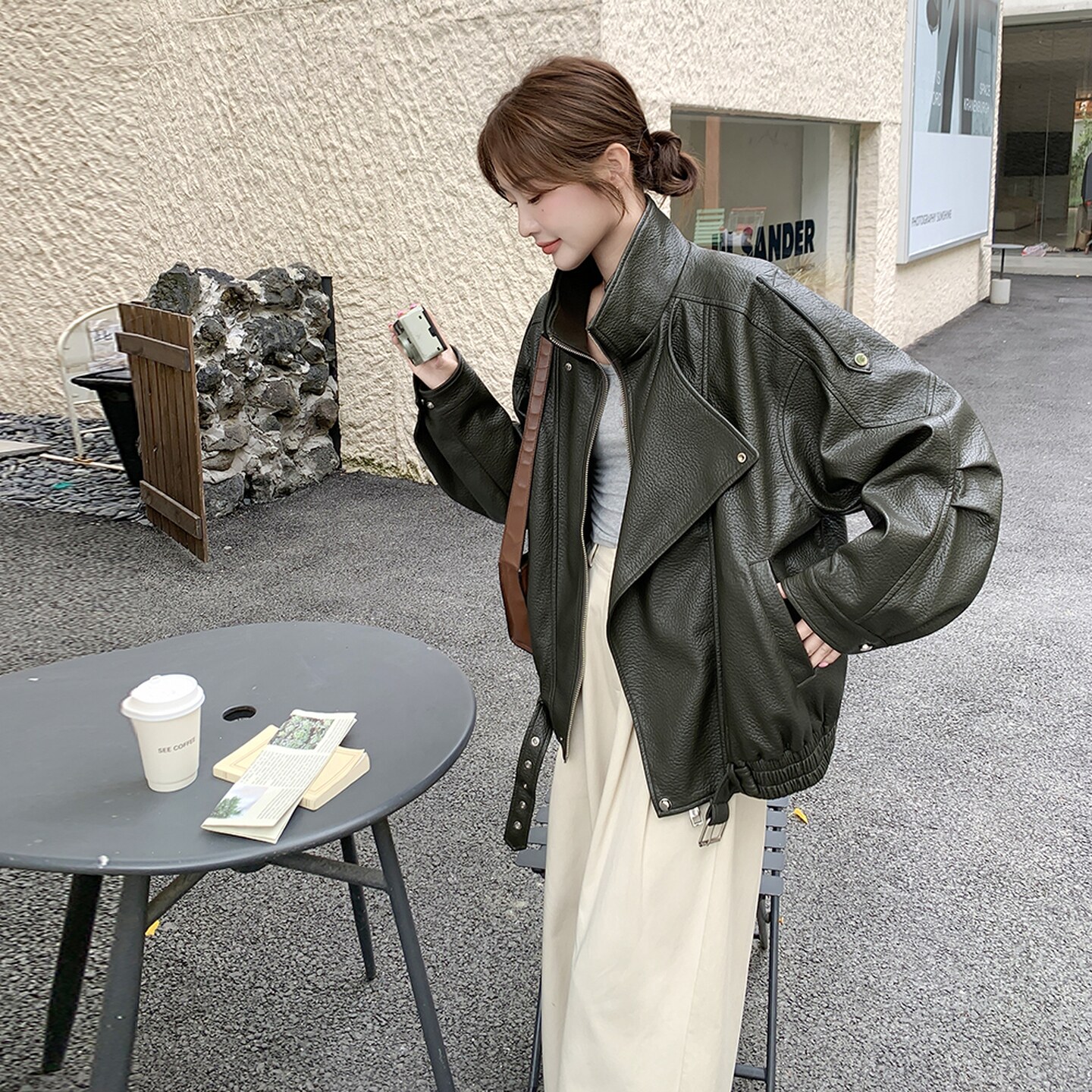 【新款现货】荔枝纹蛋白皮夹克151-1576-P185-K268，女装皮衣，淑塔可可