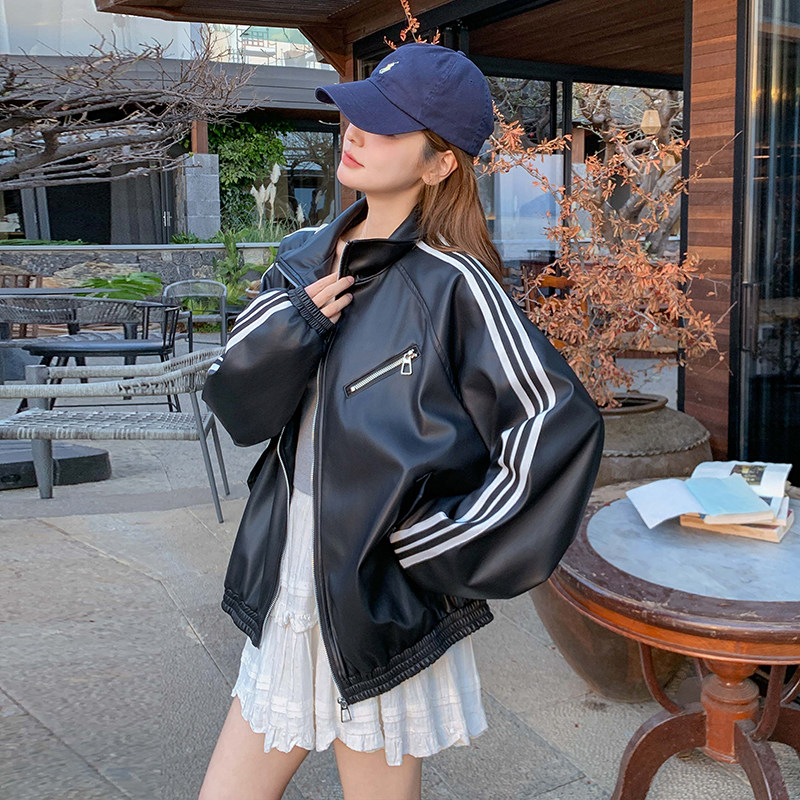 【现货】复古条纹插肩袖皮衣棒球服151-1521-P160-K238`，女装皮衣，淑塔可可