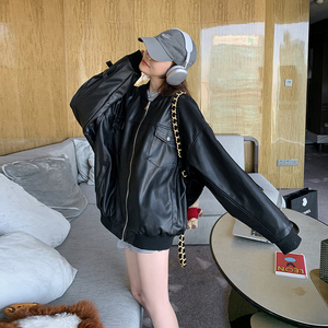 美式复古黑色皮衣外套女2025春季新款港风小个子宽松短款夹克上衣图片