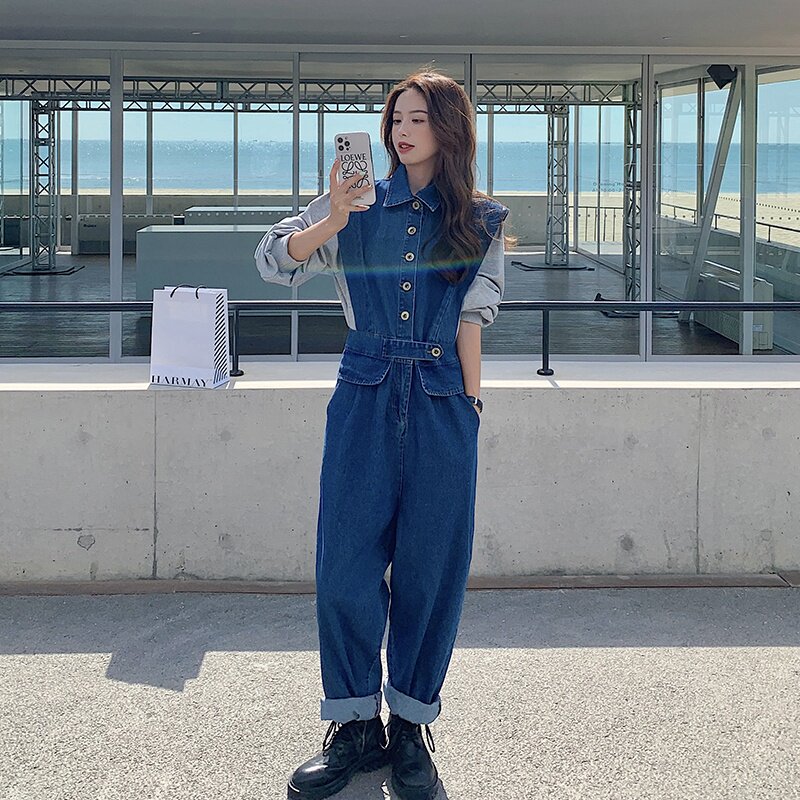 现货，假两件牛仔针织拼接连体裤151-3350-P145-K198，女装牛仔裤，淑塔可可