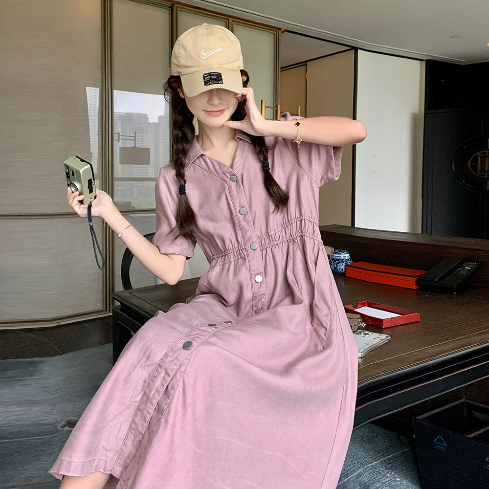 粉紫色收腰显瘦牛仔连衣裙女夏2025新款韩系穿搭甜美减龄衬衫长裙，商品下架区商品下架区，淑塔可可