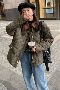 军绿色菱格羽绒棉服女冬季新款韩系宽松百搭小个子轻薄学生外套潮图片