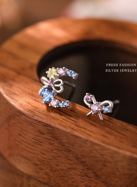 s999银针多巴胺彩钻月牙蝴蝶结耳钉女个性小众精致轻奢养耳洞耳饰