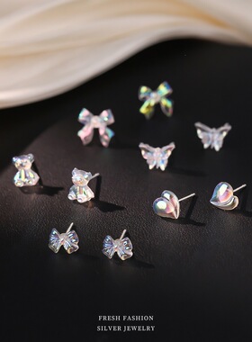 s999足银蝴蝶结树脂耳钉女多巴胺幻彩少女心清新甜美耳饰品