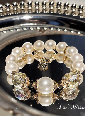 Akoya法式复古珍珠手链彩虹极光白水晶施家澳白奶油画手串礼物女