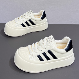 大头丑萌面包鞋女2025春秋新款厚底真皮小白鞋三条杠休闲加绒板鞋