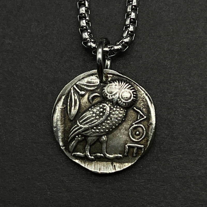 thumbnail for Reproduction of Greek silver coins, silver-plated goddess of wisdom, Athena necklace, owl ancient coin pendant, Aquarius patron saint