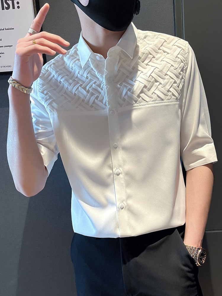 夏季男士衬衫短袖冰丝薄款五七分中袖衬衣修身寸衫发型师潮牌休闲
