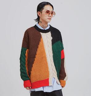 现韩国东大门代购日系经典古着不对称配色麻花蝙蝠袖圆领毛衣男女