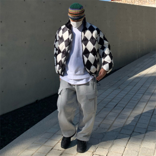 东大门韩国代购加厚保暖设计师菱格纹羽绒服外套鸭绒面包服男女潮