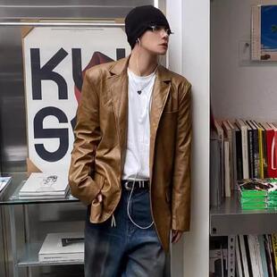 东大门韩国代购复古vintage美拉德嬉皮士pu皮衣夹克西装外套男女