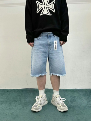 东大门韩国代购美式复古刀割毛边水洗jorts五分裤牛仔短裤男女夏