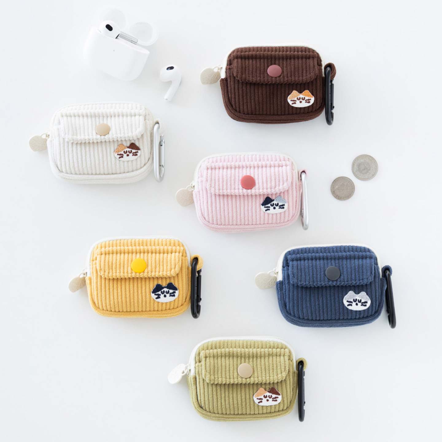 韩国Brunch Brother可爱猫咪灯芯绒AirPods耳机包无线蓝牙耳机零钱钥匙包收纳包装饰挂件