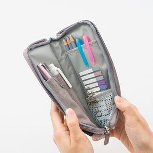 韩国Full简约纯色笔袋钢笔独立笔插收纳包学生办公L型拉链文具盒