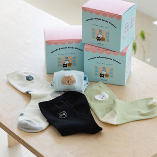 韩国dailylike可爱猫狗中筒女袜套装四季棉袜毛绒刺绣纯色百搭袜