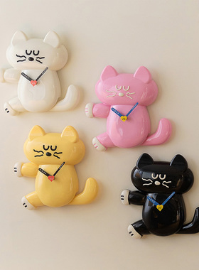 韩国romane摇尾猫咪指针式时钟客厅卧室家用装饰静音学生钟表挂钟