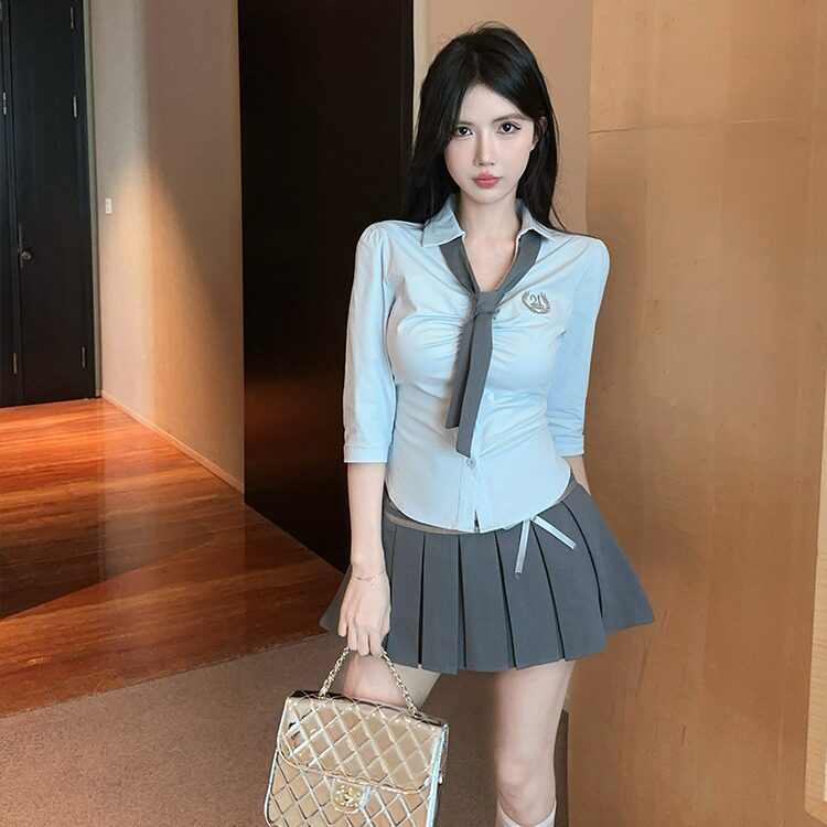 jk制服套装学院风蓝色衬衫百褶裙